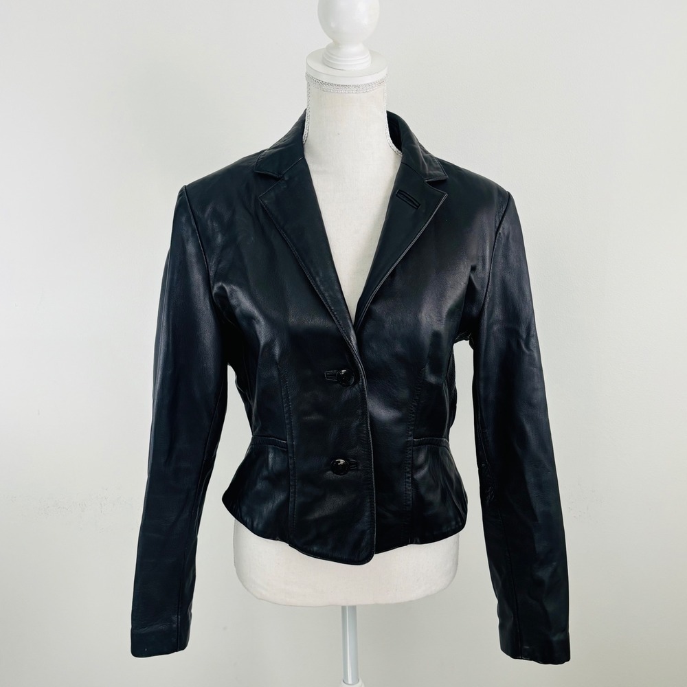 Wilsons Leather Pelle Studio Black Leather Blazer Jacket Leopard LiningCropped M
